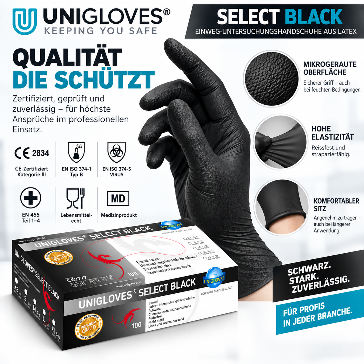 UNIGLOVES Select Black Latexhandschuhe mit CE 2834, EN 374 und EN 455 Zertifizierung