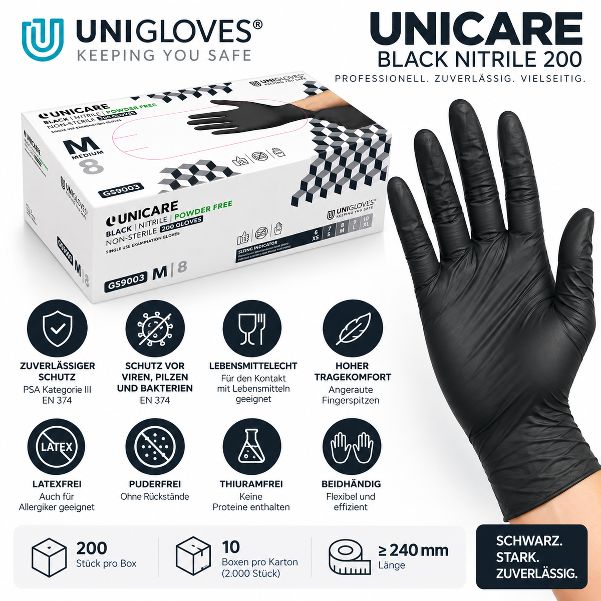 Unigloves Unicare Black Nitrile 200 – schwarze puderfreie und latexfreie Nitrilhandschuhe