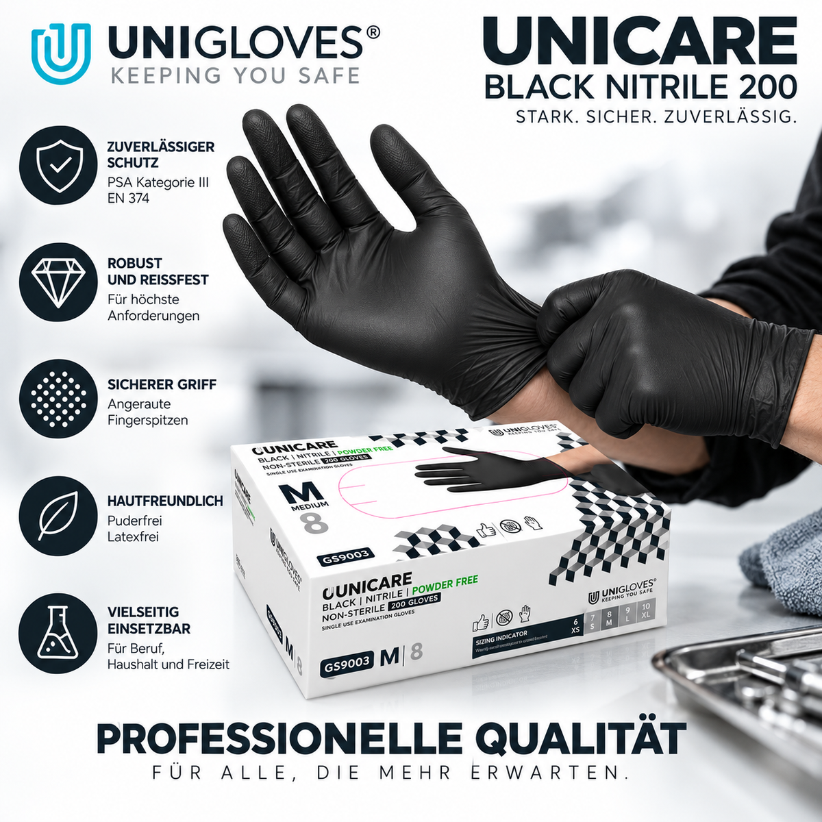 Unigloves Unicare Black Nitrile 200 – schwarze Nitrilhandschuhe mit sicherem Griff für professionelle Anwendungen
