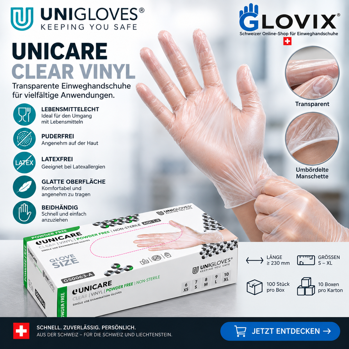 Unigloves Unicare Clear Vinyl – transparente puderfreie Vinylhandschuhe mit glatter Oberfläche und umbördelter Manschette
