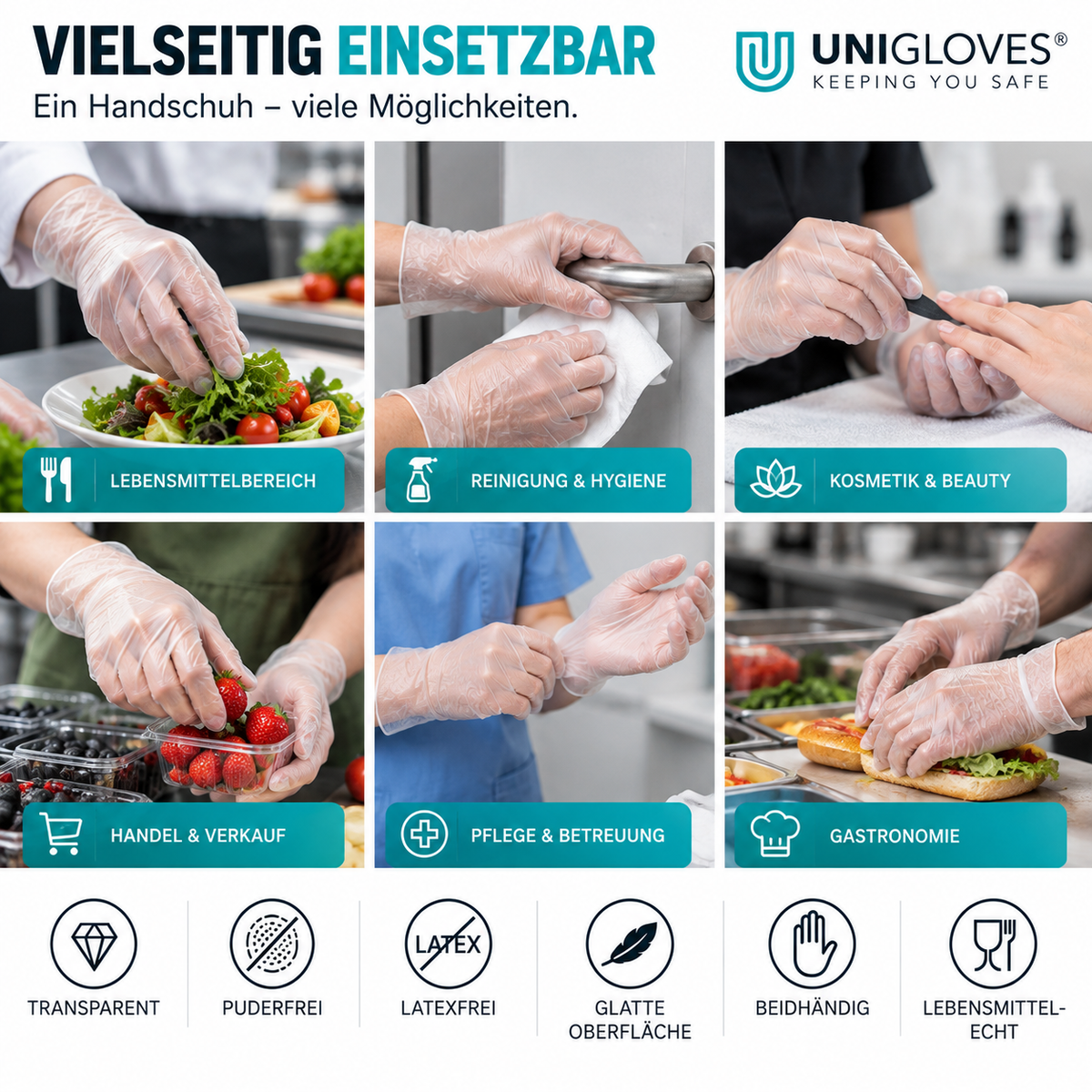 Unigloves Unicare Clear Vinyl – transparente Vinylhandschuhe für Lebensmittel, Reinigung, Kosmetik, Handel, Pflege und Gastronomie