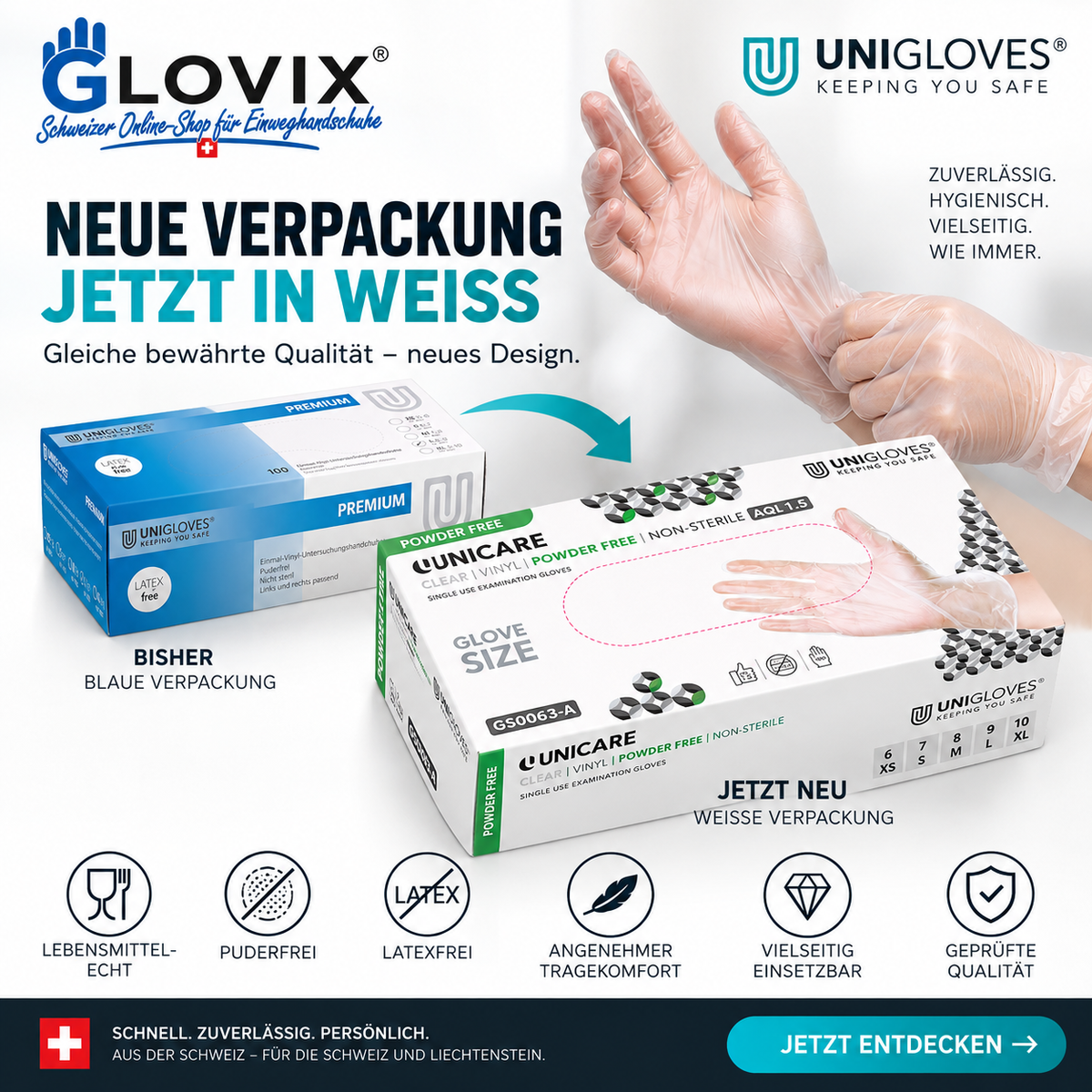 Unigloves Unicare Clear Vinyl – neue weisse Verpackung ersetzt die bisherige blaue Verpackung