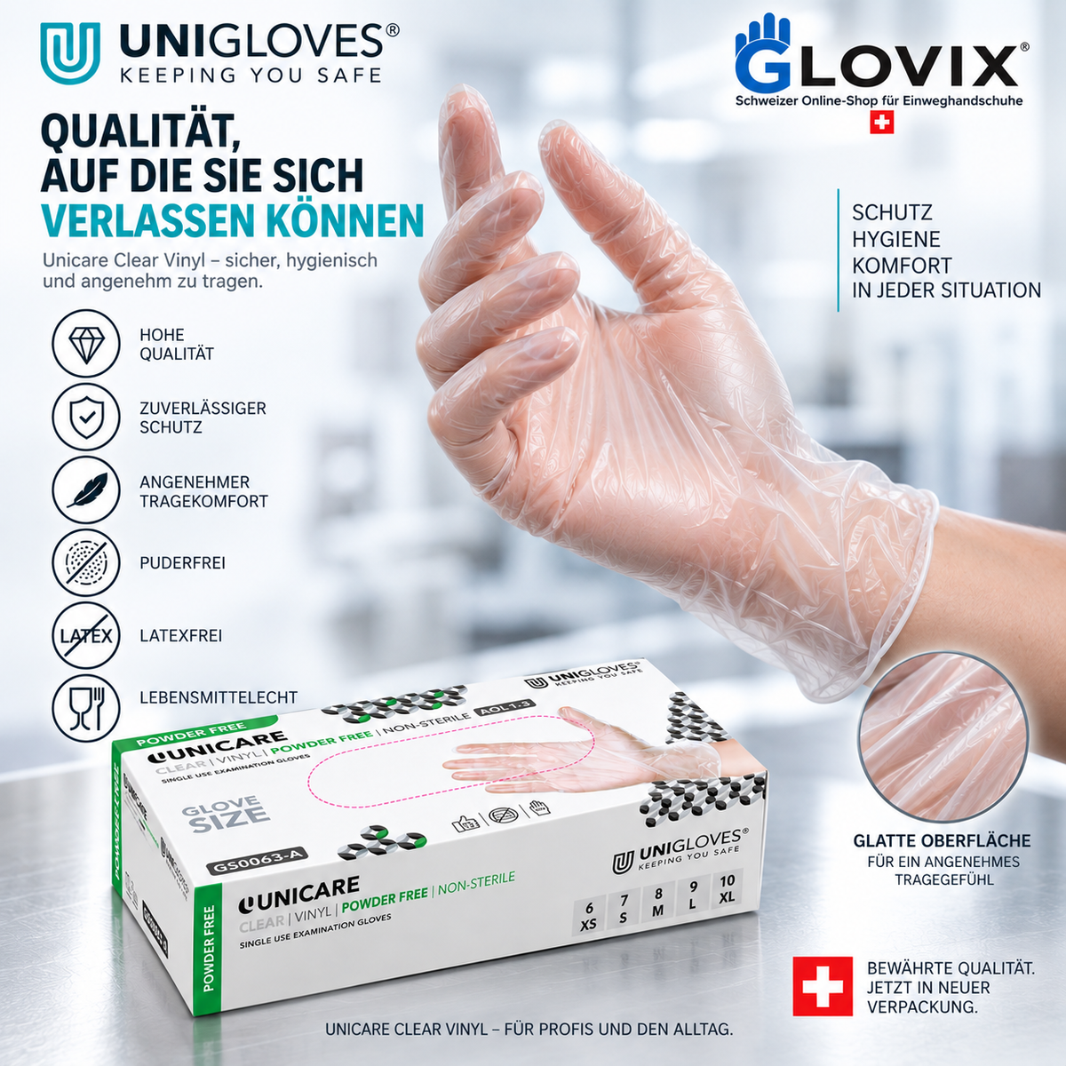 Unigloves Unicare Clear Vinyl – transparente puderfreie Vinylhandschuhe für zuverlässigen Schutz und angenehmen Tragekomfort