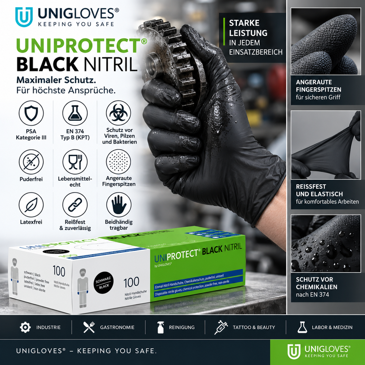Unigloves UNIPROTECT Black Nitrilhandschuhe – robuster schwarzer Nitrilhandschuh mit angerauten Fingerspitzen und EN 374 Typ B