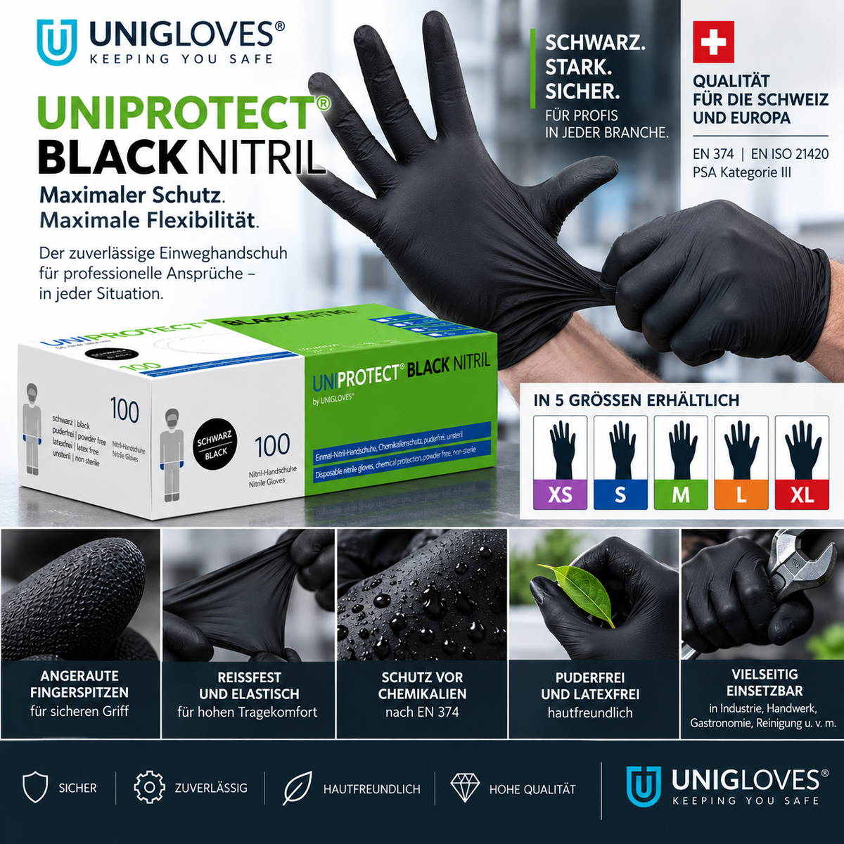 Unigloves UNIPROTECT Black Nitrilhandschuhe – flexibler Chemikalienschutzhandschuh mit angerauten Fingerspitzen