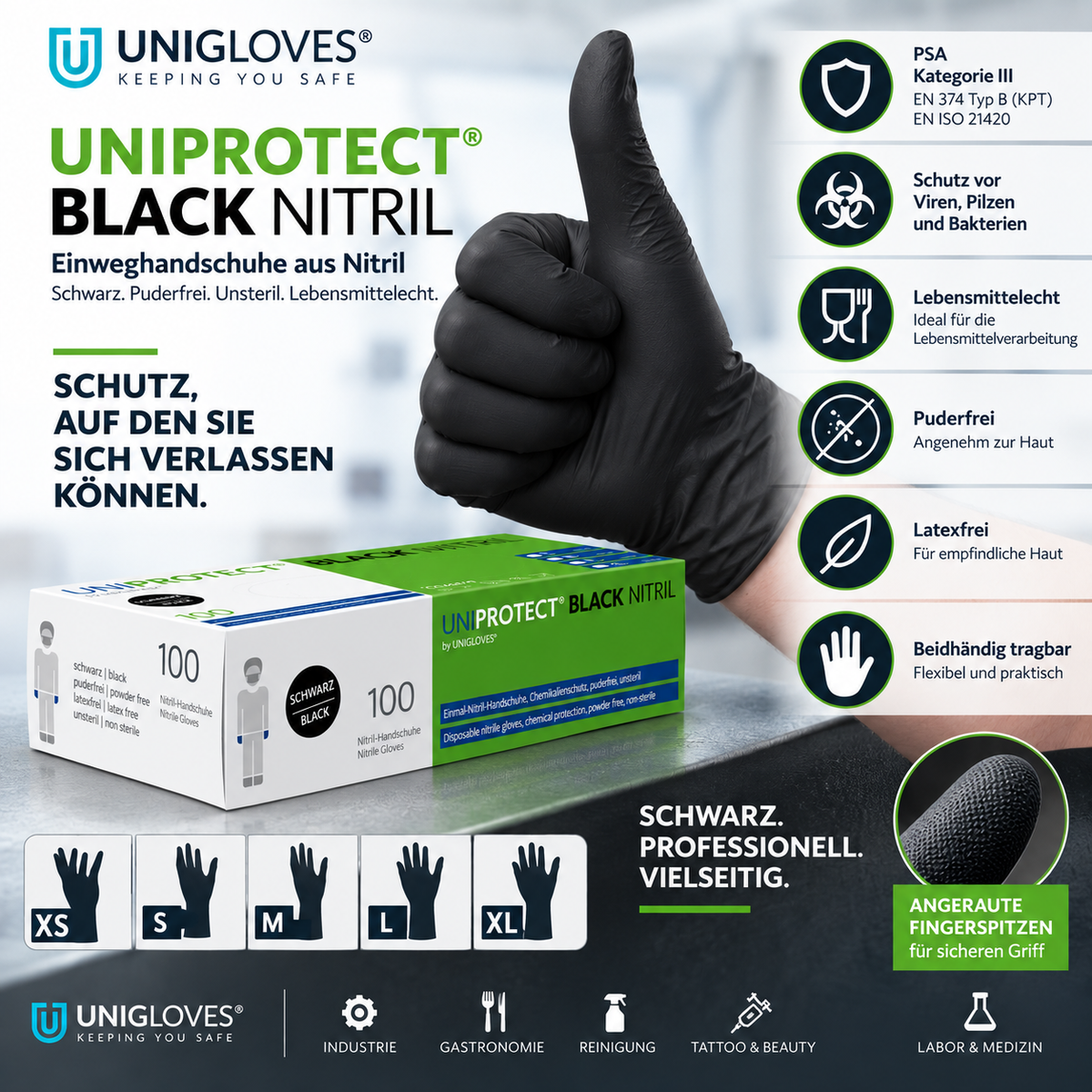 Unigloves UNIPROTECT Black Nitrilhandschuhe – professioneller Schutz, puderfrei, lebensmittelecht und angeraute Fingerspitzen