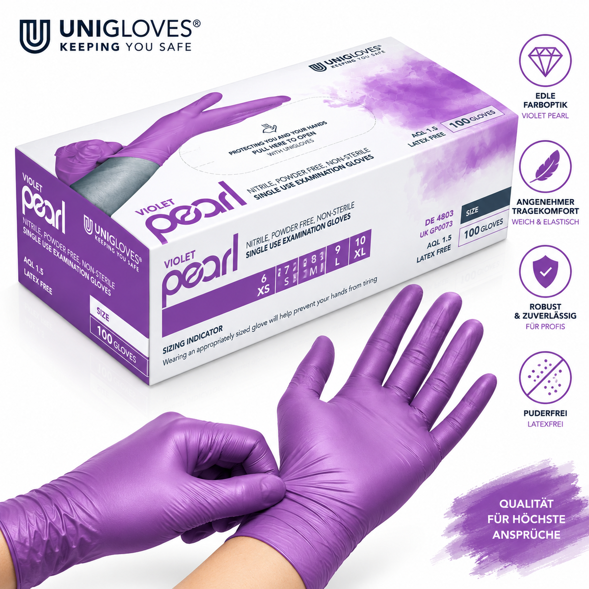 Unigloves Violet Pearl Nitrilhandschuhe – puderfrei, latexfrei, komfortabel und zuverlässig für professionelle Anwendungen