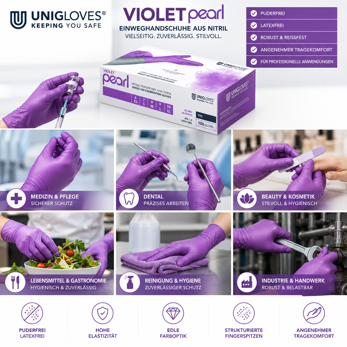 Unigloves Violet Pearl Nitrilhandschuhe – vielseitig für Medizin, Dental, Kosmetik, Gastronomie, Reinigung und Handwerk
