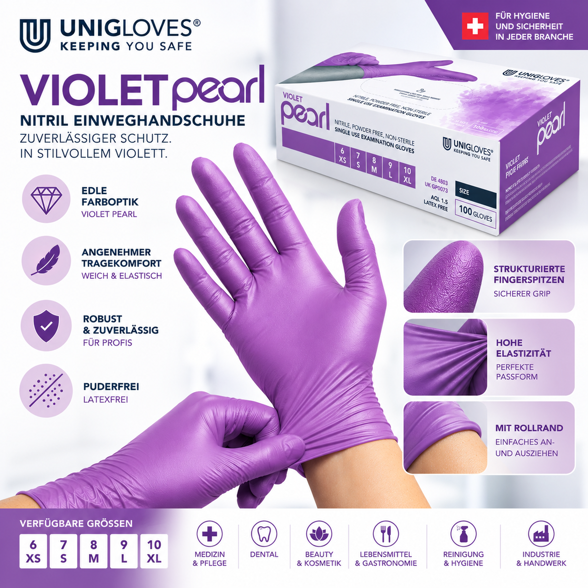 Unigloves Violet Pearl Nitrilhandschuhe – Größen XS bis XL, elastische Passform und strukturierte Fingerspitzen