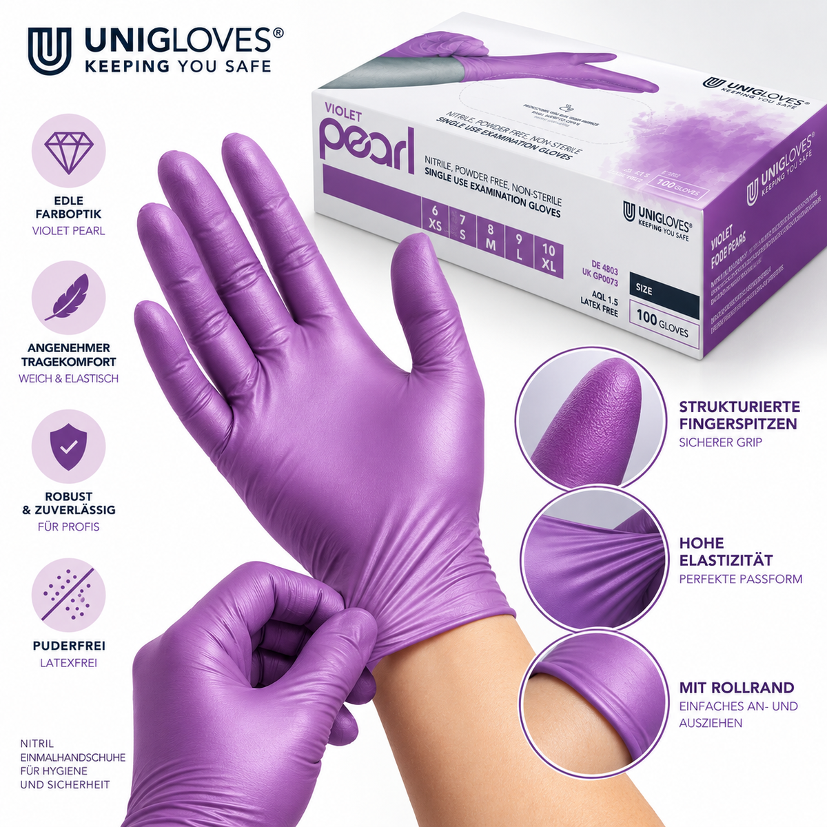 Unigloves Violet Pearl Nitrilhandschuhe – strukturierte Fingerspitzen, hohe Elastizität und angenehmer Tragekomfort