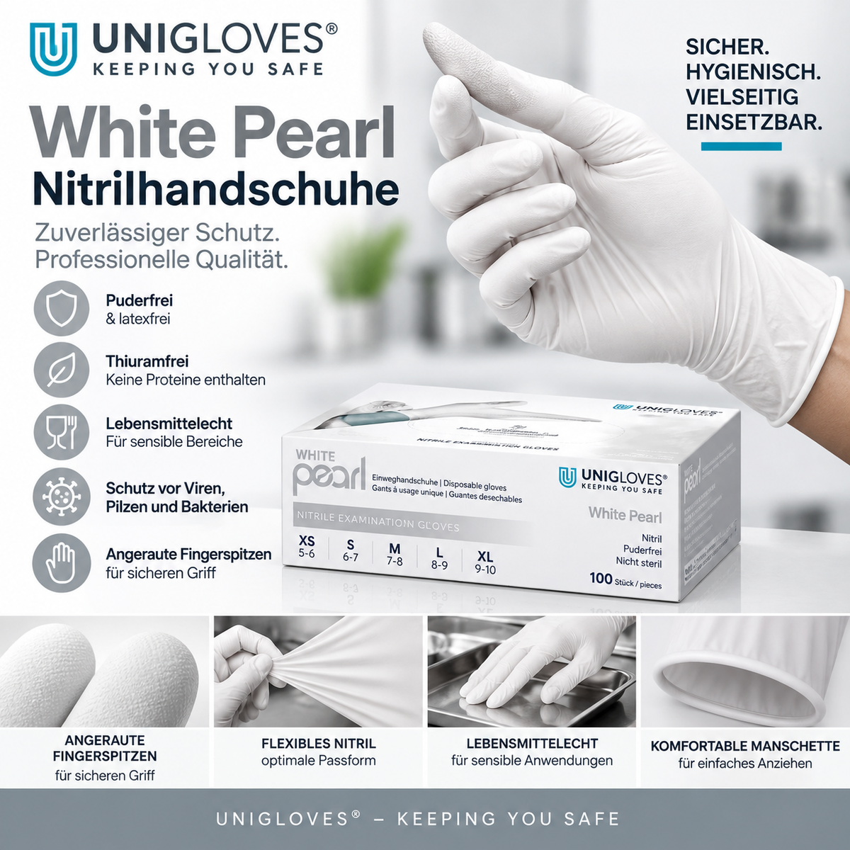 Unigloves White Pearl Nitrilhandschuhe – puderfrei, lebensmittelecht und angeraute Fingerspitzen