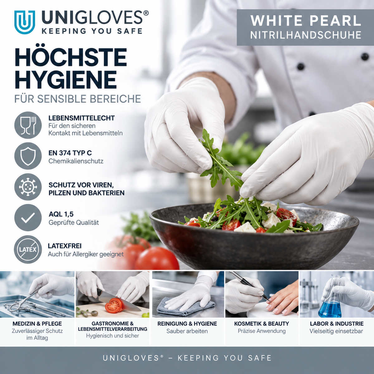 Unigloves White Pearl Nitrilhandschuhe – für Medizin, Gastronomie, Reinigung, Kosmetik und Labor