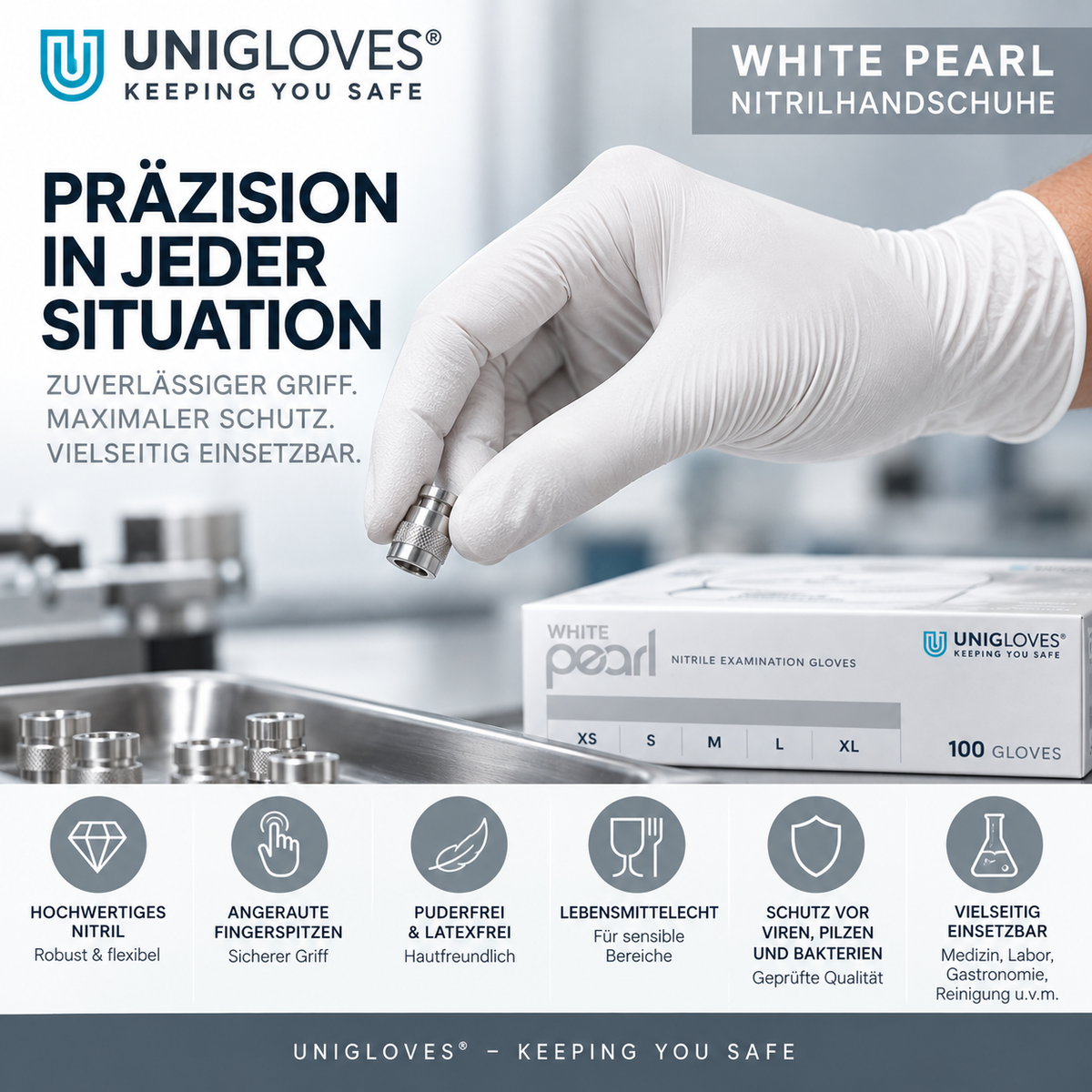 Unigloves White Pearl Nitrilhandschuhe – angeraute Fingerspitzen für sicheren Griff und präzises Arbeiten