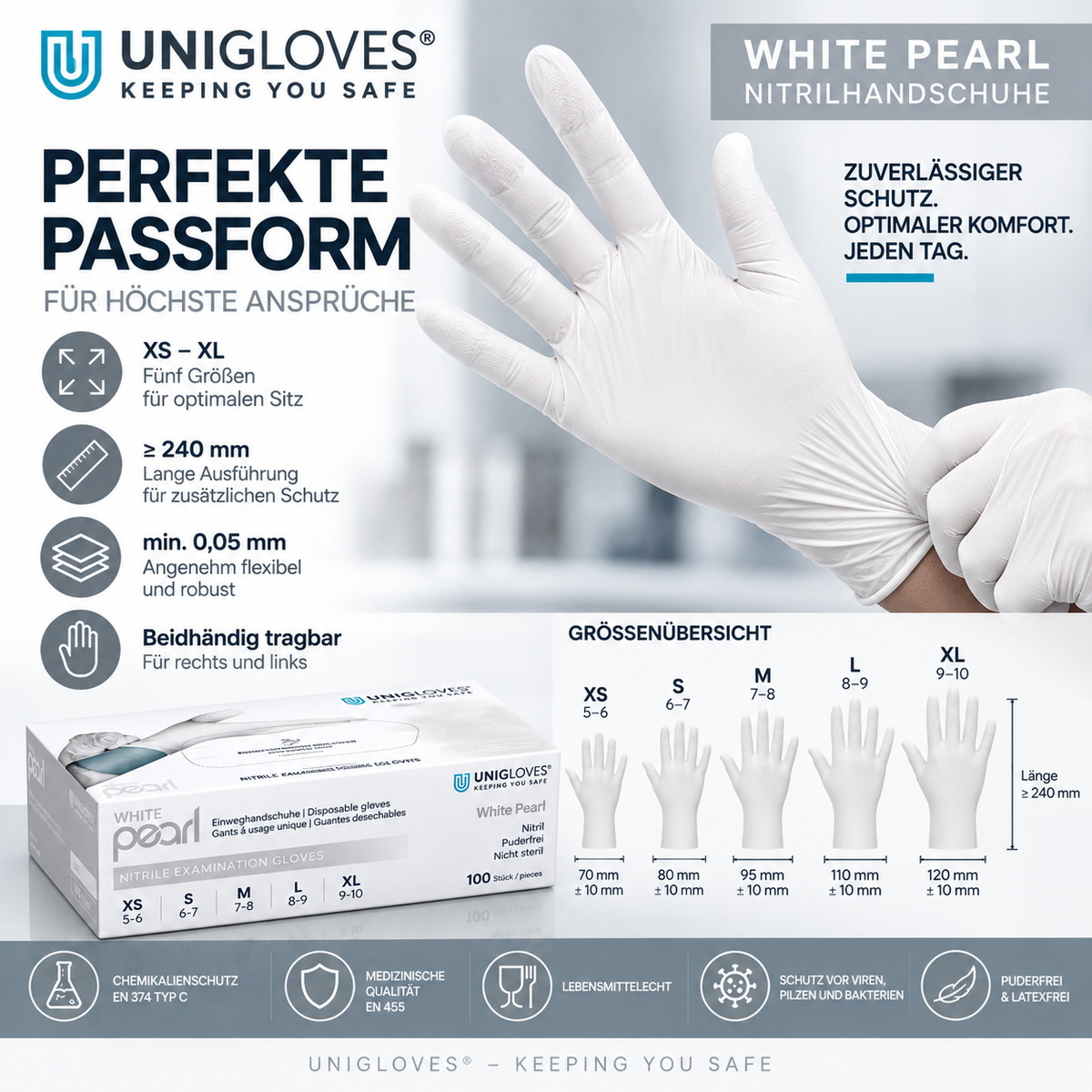 Unigloves White Pearl Nitrilhandschuhe – Größen XS bis XL, mindestens 240 mm lang und flexible Passform