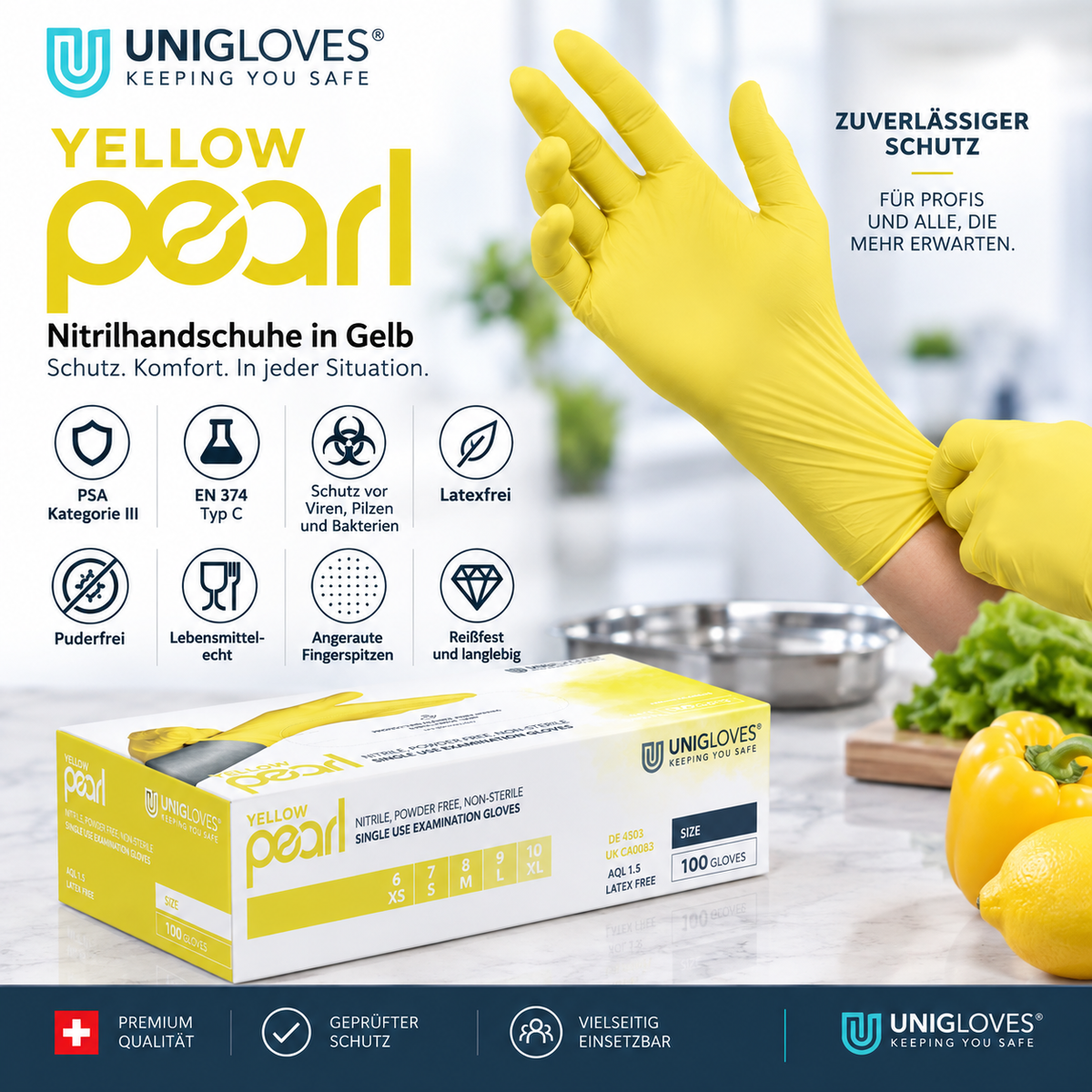 Unigloves Yellow Pearl Nitrilhandschuhe in Gelb – puderfrei, lebensmittelecht und angeraute Fingerspitzen
