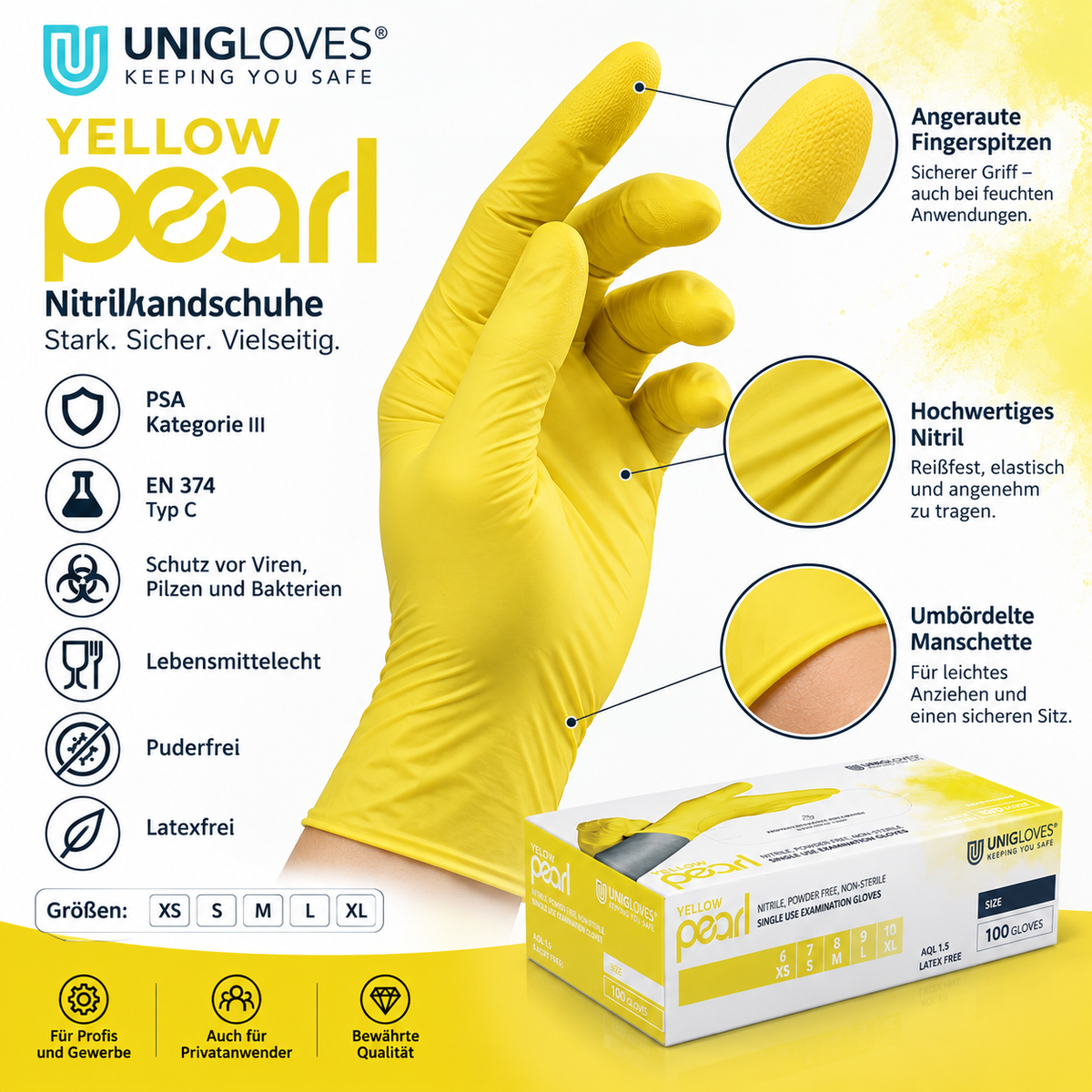 Unigloves Yellow Pearl Nitrilhandschuhe in Gelb – angeraute Fingerspitzen, sicherer Griff und hoher Tragekomfort
