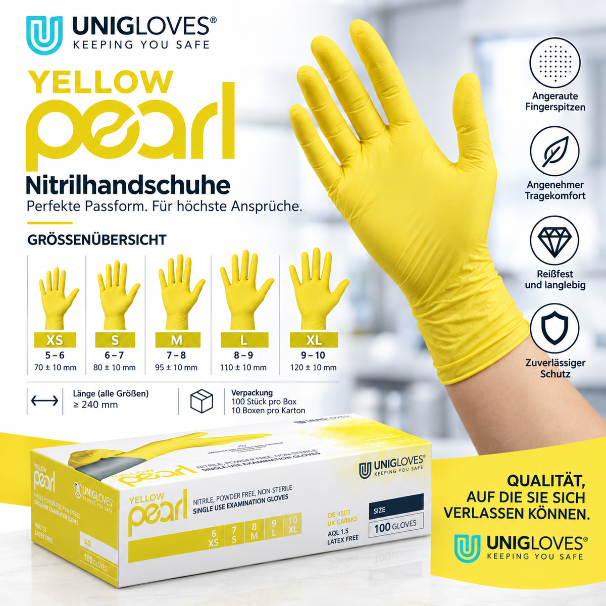 Unigloves Yellow Pearl Nitrilhandschuhe in Gelb – Größen XS bis XL, mindestens 240 mm lang und angeraute Fingerspitzen
